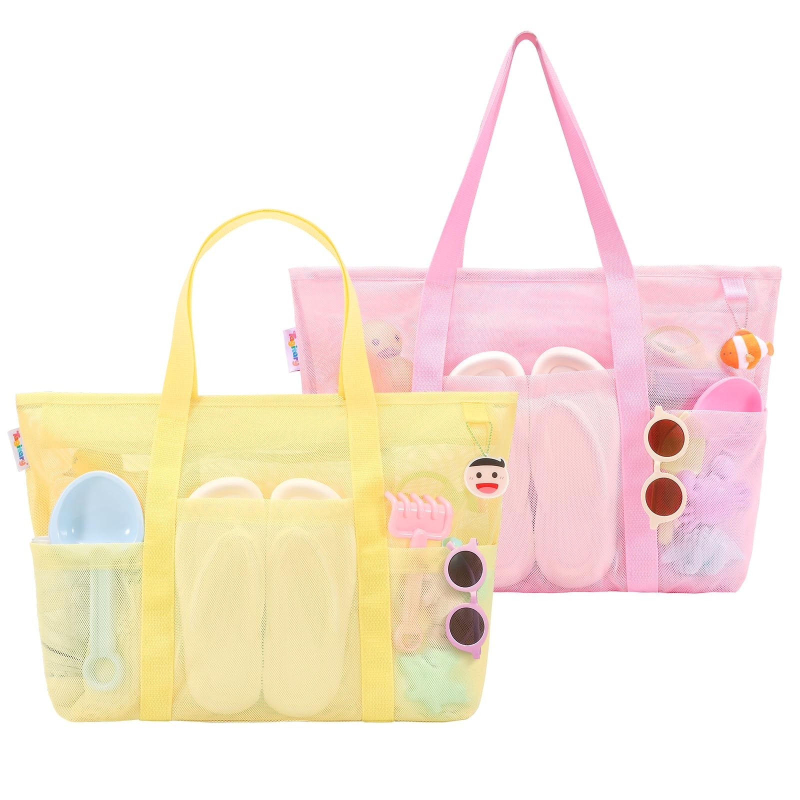 Tagitary Mesh Beach Bag with Zipper and 8 Pockets Yellow & Pink, Large Beach …
