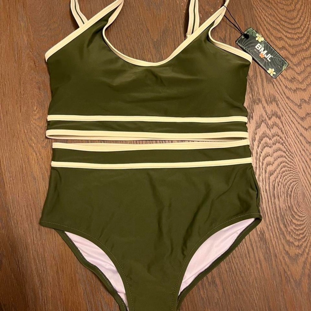 BMJL Womens Olive Green Sporty Scoop Neck High Waisted Two Piece Bikini Set M