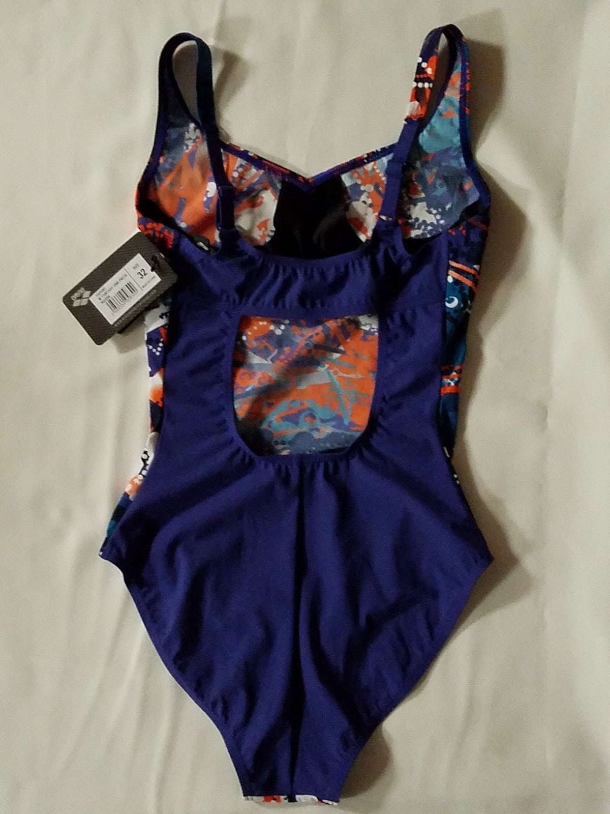 NWT ARENA Womens Fantasy 1-piece swimsuit ‘Raisin’ Purple/orange/teal 32/US 2/XS