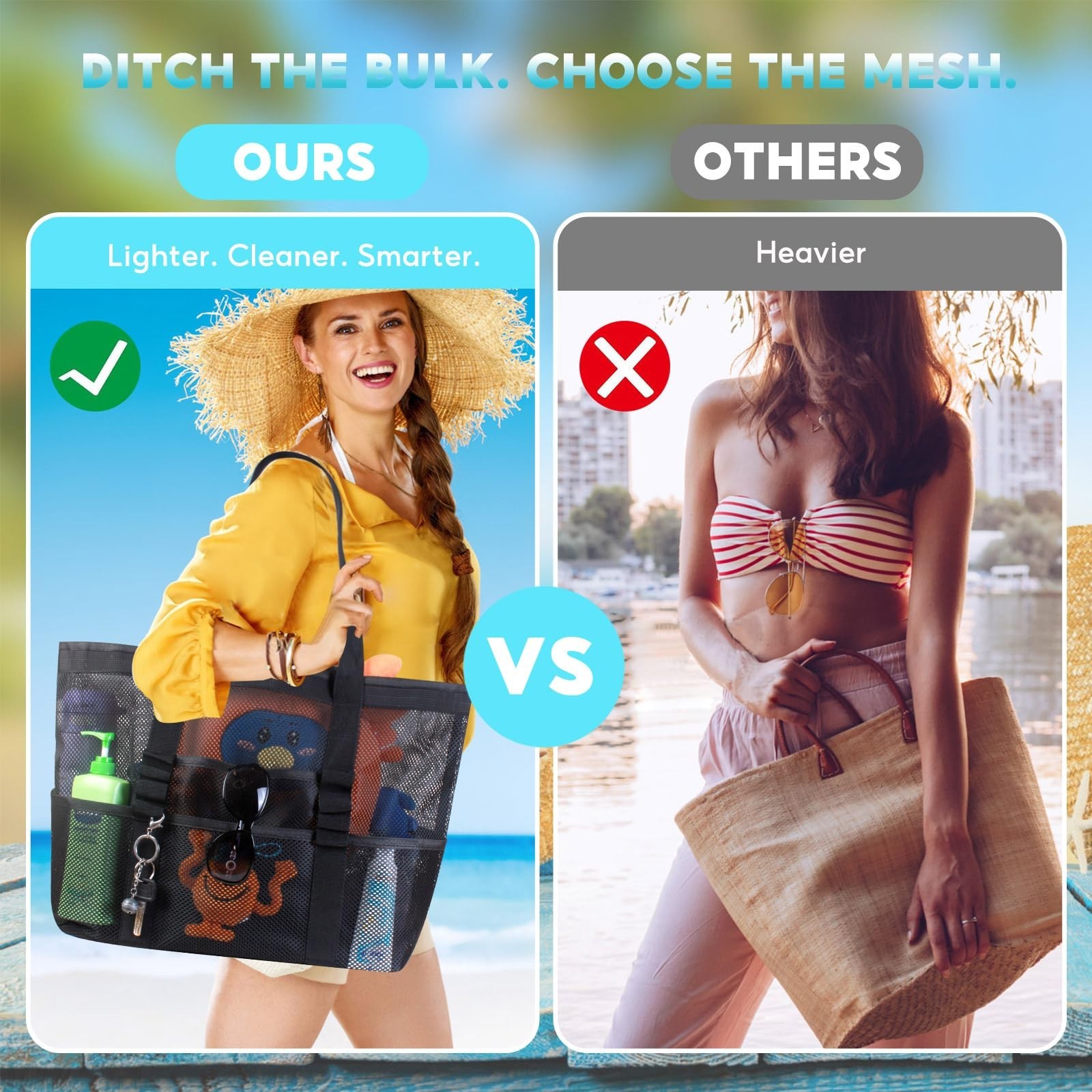 Large Mesh Beach Bag – Lightweight Beach Tote with 9 Pockets, Beach Bag fo