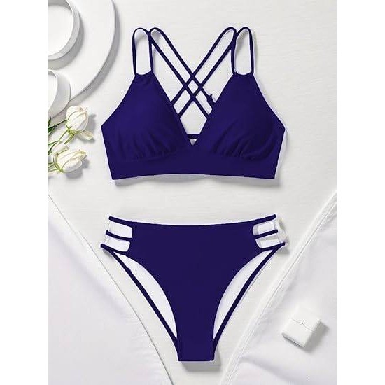 MSRP $38 Tainehs Women’s M Navy Blue Push Up V Neck Two Piece Bikini Sets Cris