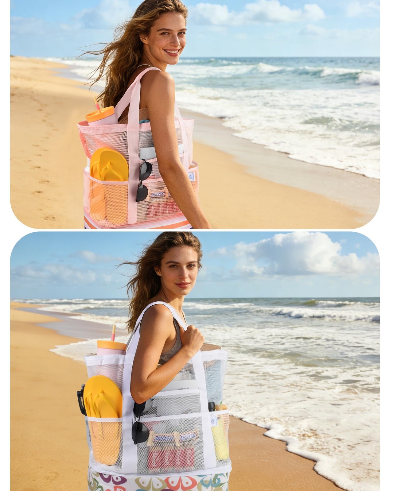 Genteen Beach Bag for Women, Mesh Tote Bags with Zipper, Sandproof Vacation E…
