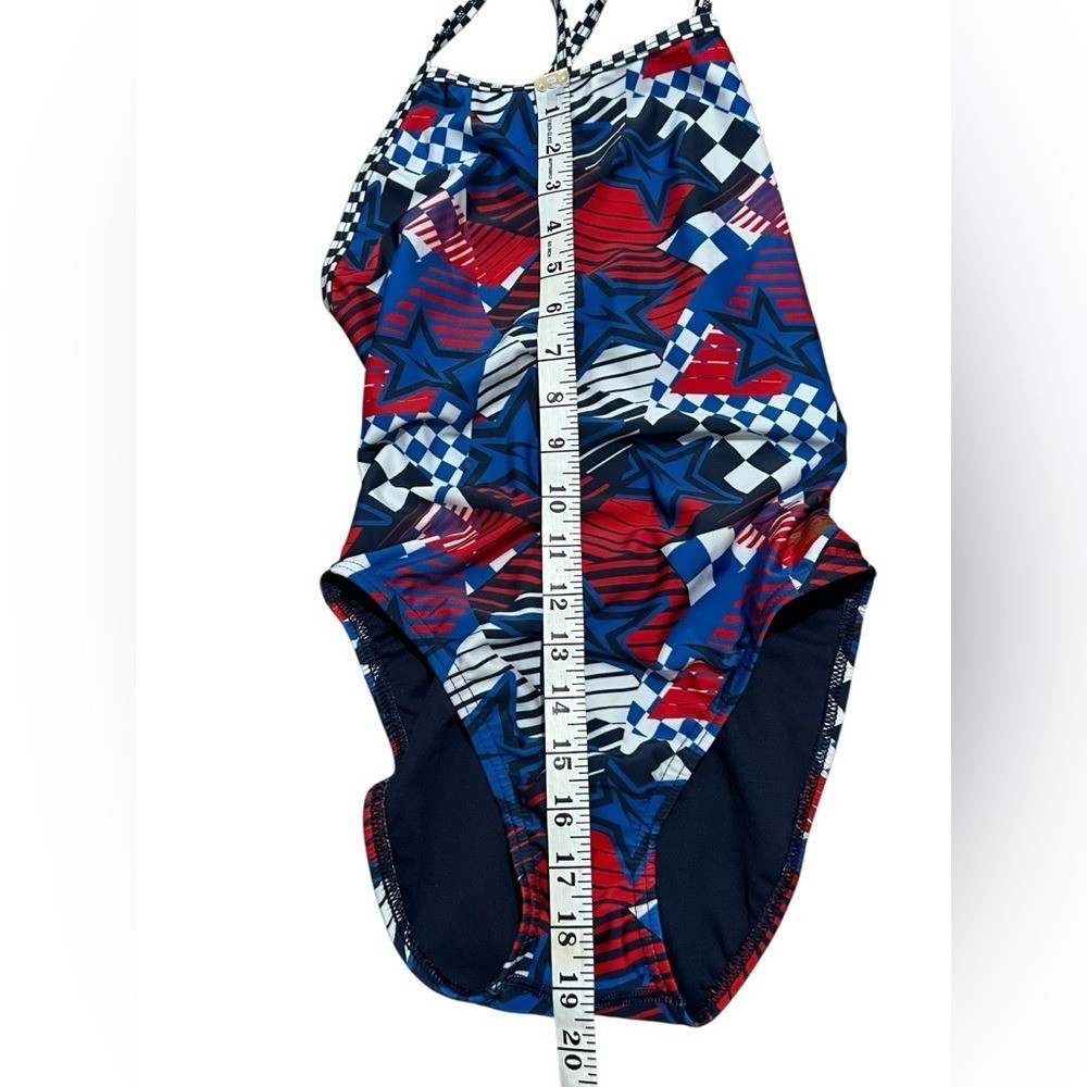 Speedo olympic Overdrive proLT Double X Back blue Red Star Swimsuit size 34 M/L