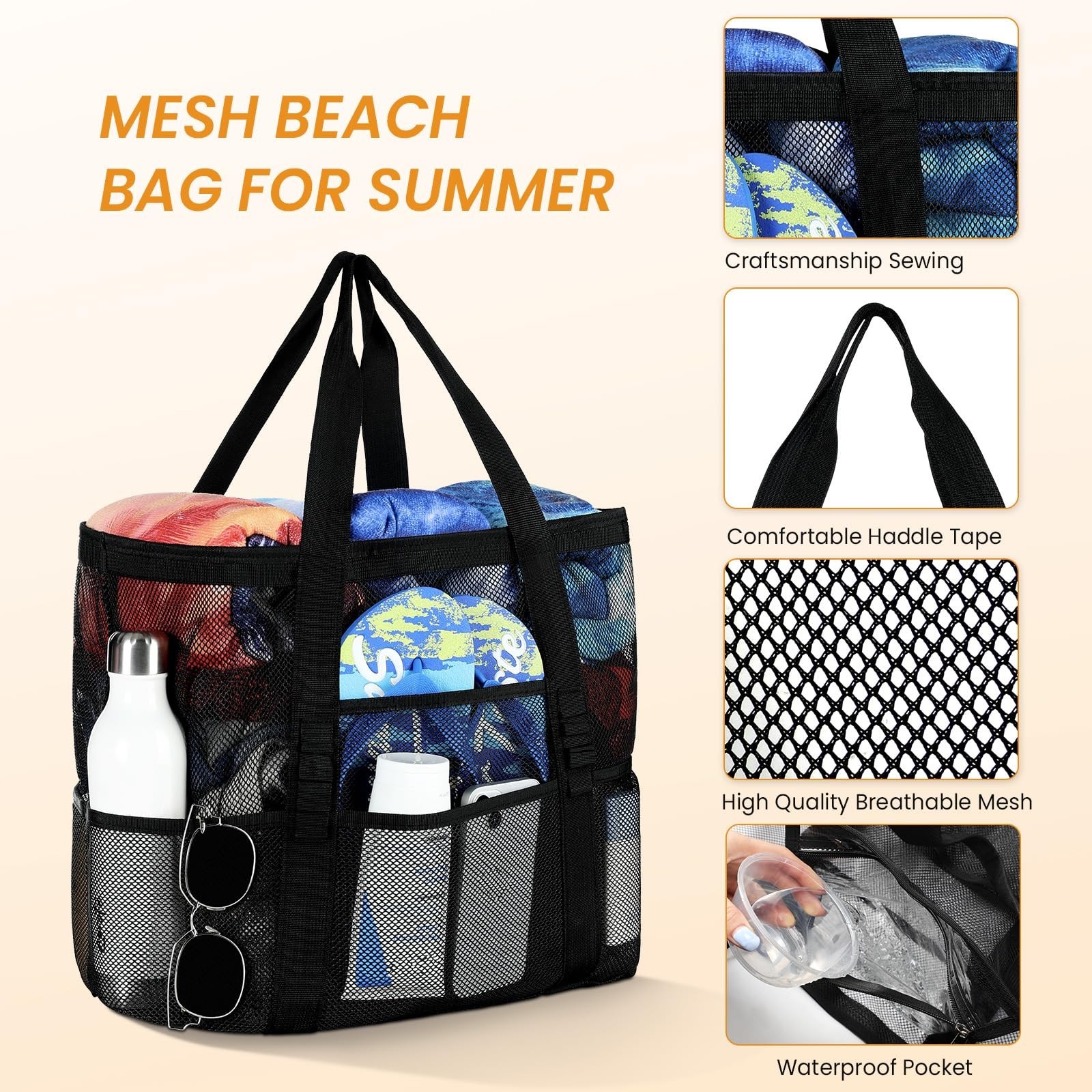 Tavaleu Mesh Beach Bag – Large Beach Tote with Multi Functional Pockets for F…