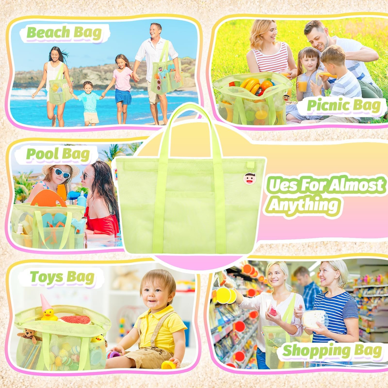 Tagitary Mesh Beach Bag with Zipper Large Beach Tote Waterproof Sandproof wit…