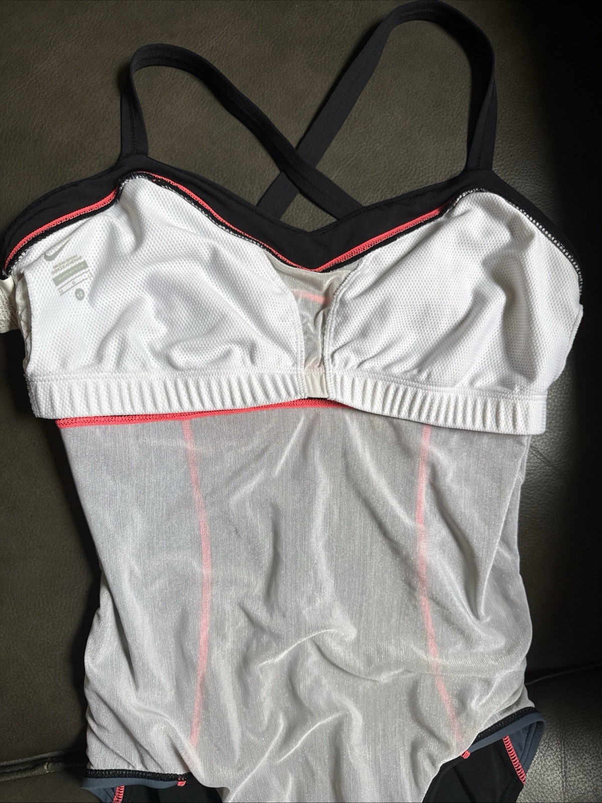 NIKE One Piece Swimsuit Sz 12 Black Neon Red Colorblock X-Strap Back Athletic