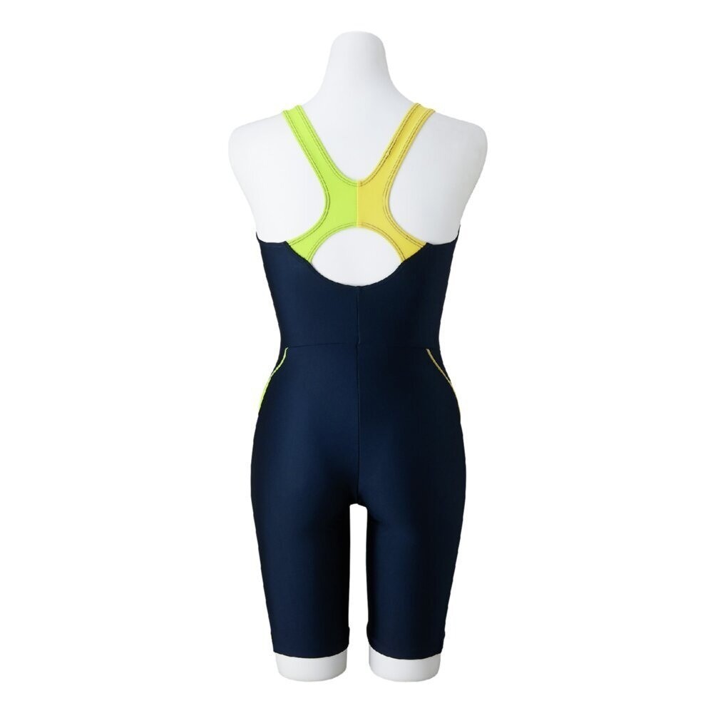 Mizuno Women’s Swim Fitness All-in-One Swimsuit Two-Tone Design Navy/Lime 2025SS