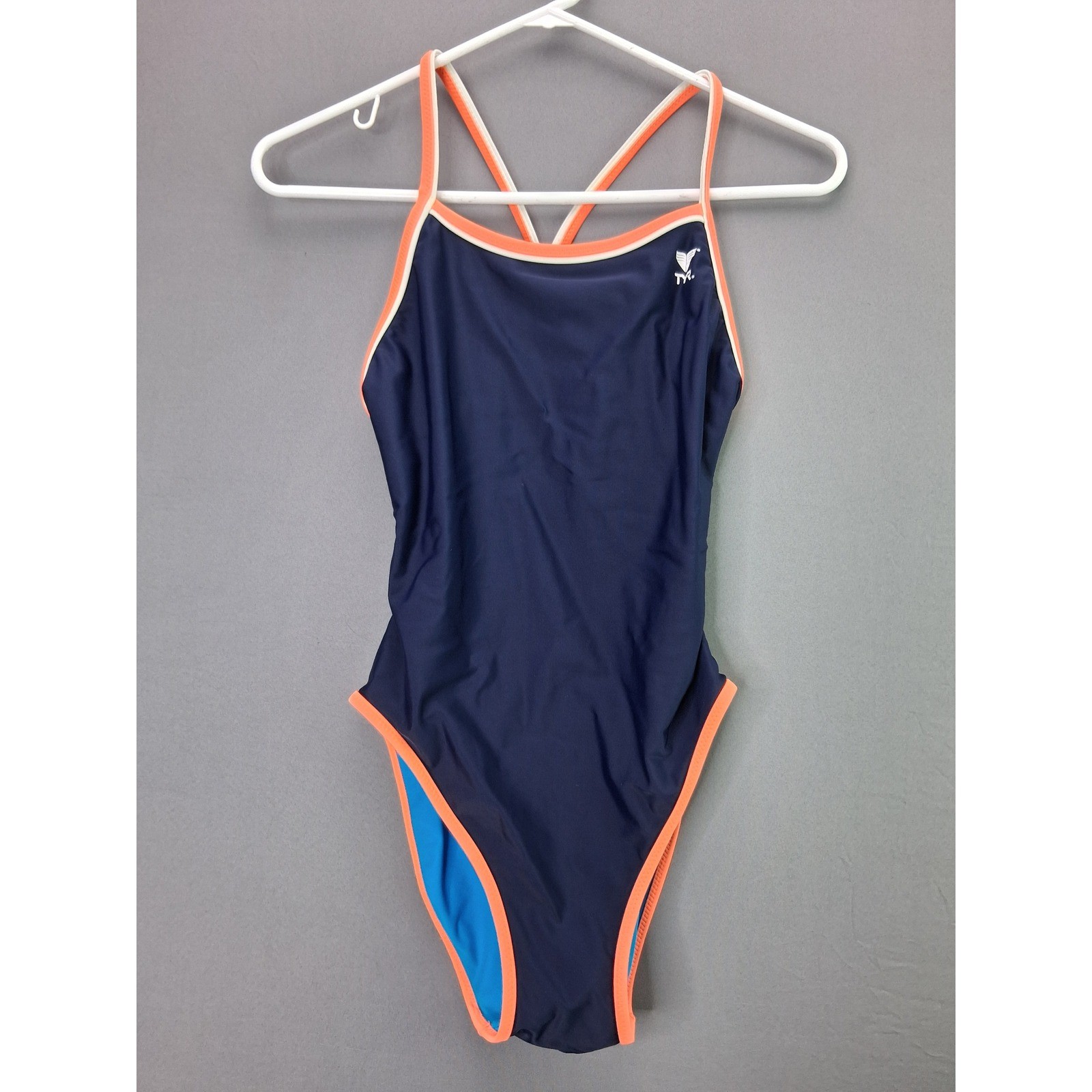 TYR One Piece Swimsuit Competitive Athletic Training Navy Orange Blue 24