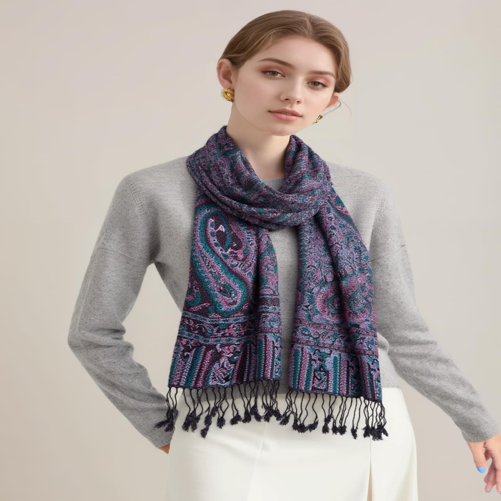 AUSEKALY Pashmina Feel Shawls Wraps for Women Rave Scarf Soft Silky Reversible M
