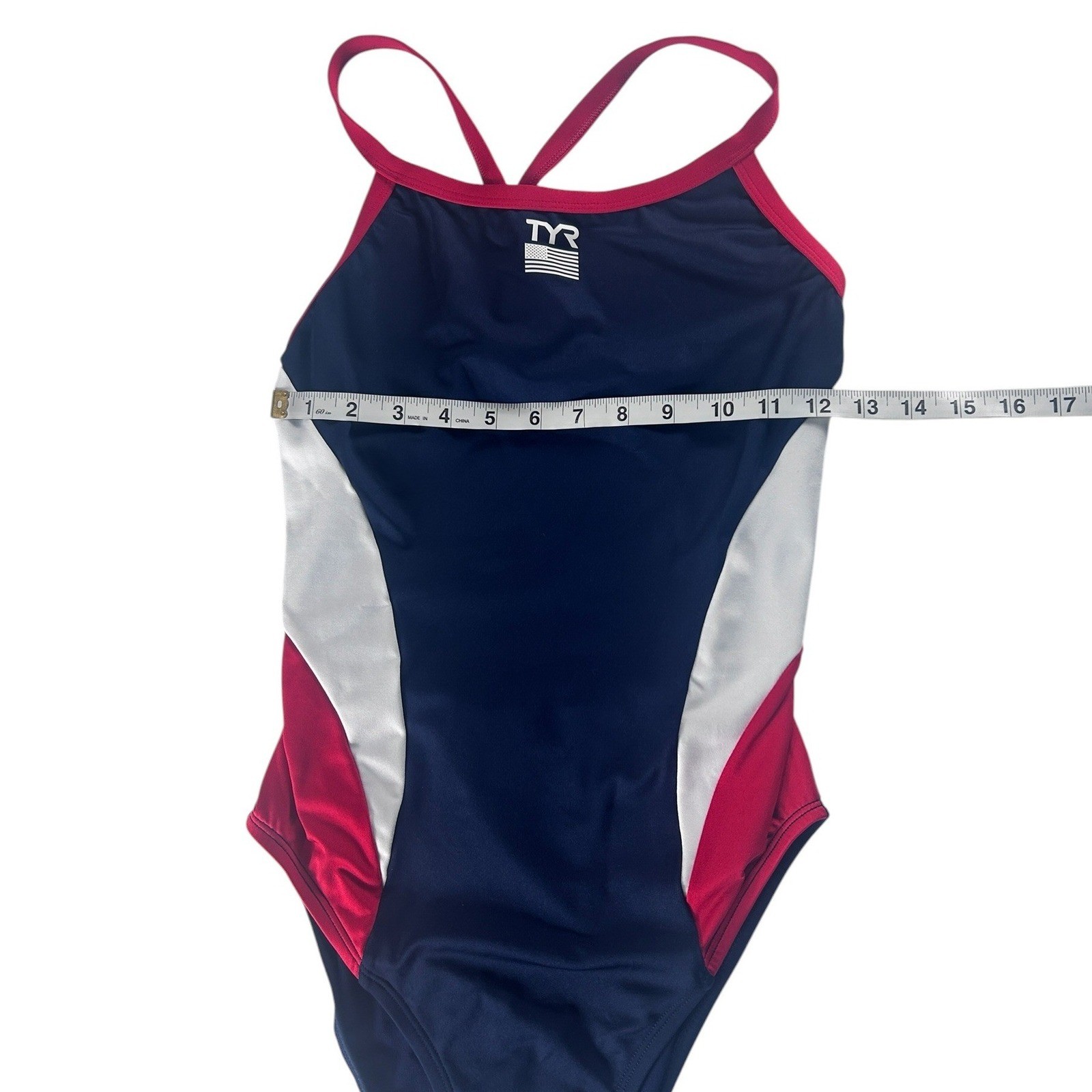 TYR Durafast Elite Diamondfit USA One Piece Swimsuit Navy Red White XL 38 NWT