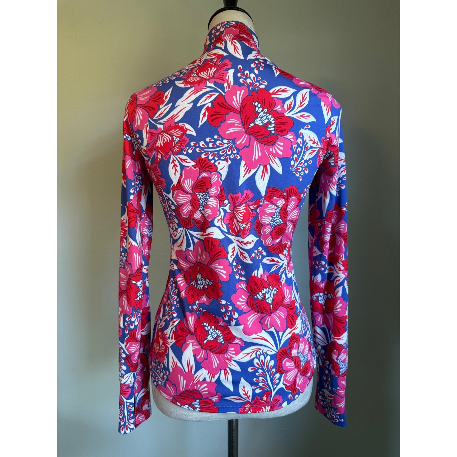Sigrid Olsen Golf Tennis Jacket Blue Pink Floral Zip XS rash guard preppy resort