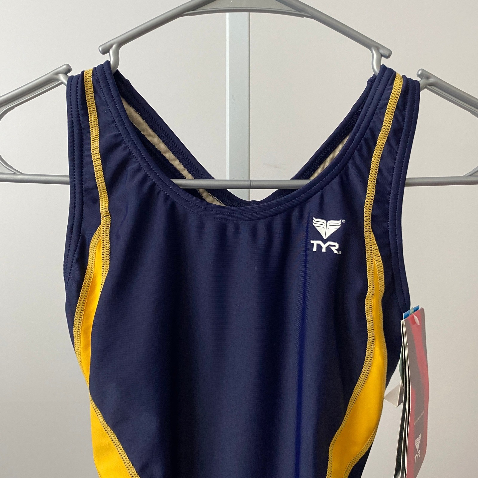 TYR Beach One Piece 30/6 Blue Yellow Performance Maxback Swimsuit NWT Racing
