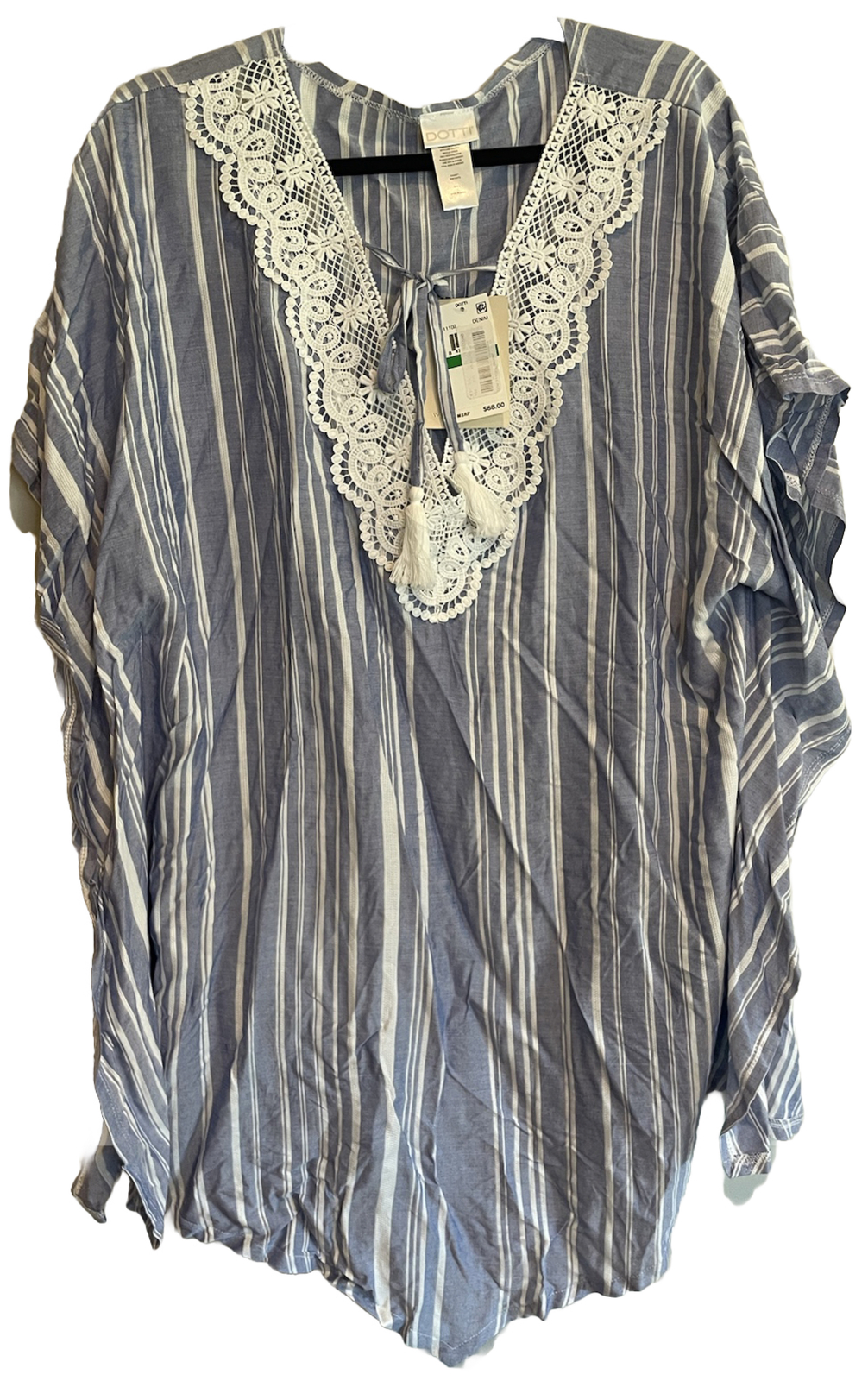 NWT Dotti Denim Blue Striped Poncho Tassel Swimsuit Cover Up Women’s Size Large