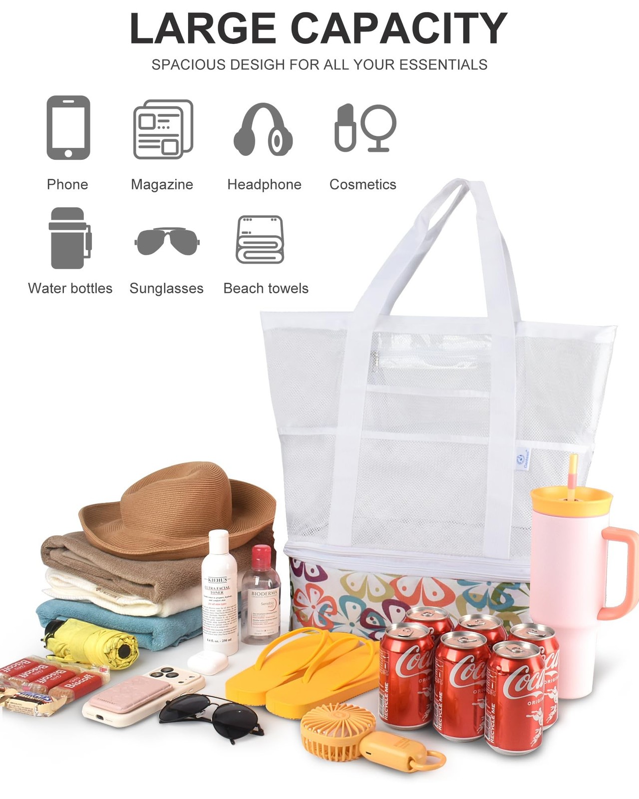 Genteen Beach Bag for Women, Mesh Tote Bags with Zipper, Sandproof Vacation E…