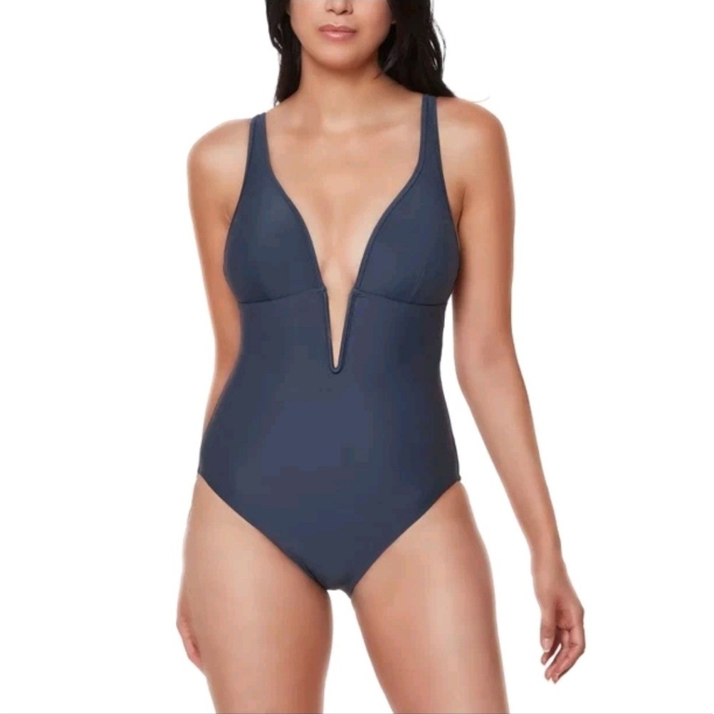 Bar III Women’s Ink Well Stretch Plunge V-Wire One Piece Swimsuit Size L BS8