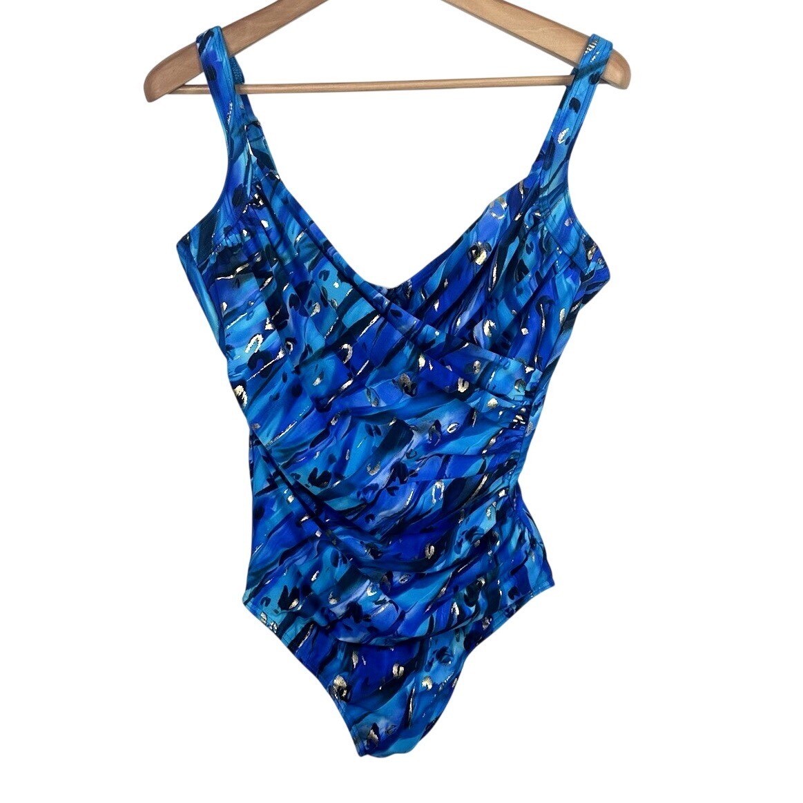 Miraclesuit Animal Magnetism Temptress Wrap One Piece Swimsuit Blue Gold Size 6?