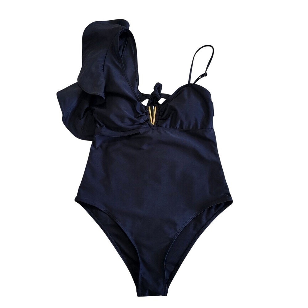 Sporlike Black One Shoulder Ruffle One Piece Swimsuit Gold V Detail Size L