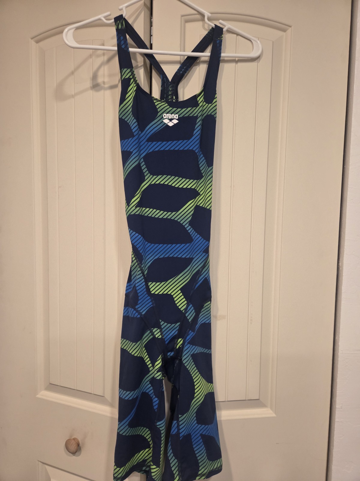 arena Competitive Swim Kneesuit Blue/Green Geometric Print USA 36 Polyester