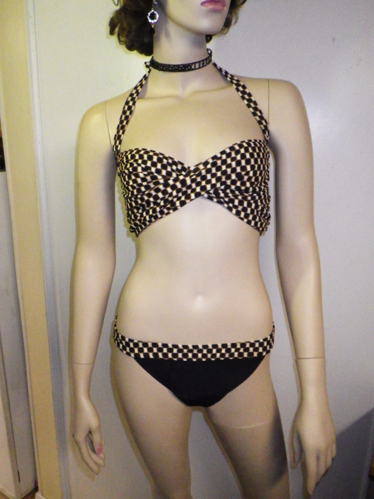 FADED GLORY LADIES 2 PIECE BIKINI SIZE XL SPANDEX NYLON SWIMSUIT BLACK CHECKERED