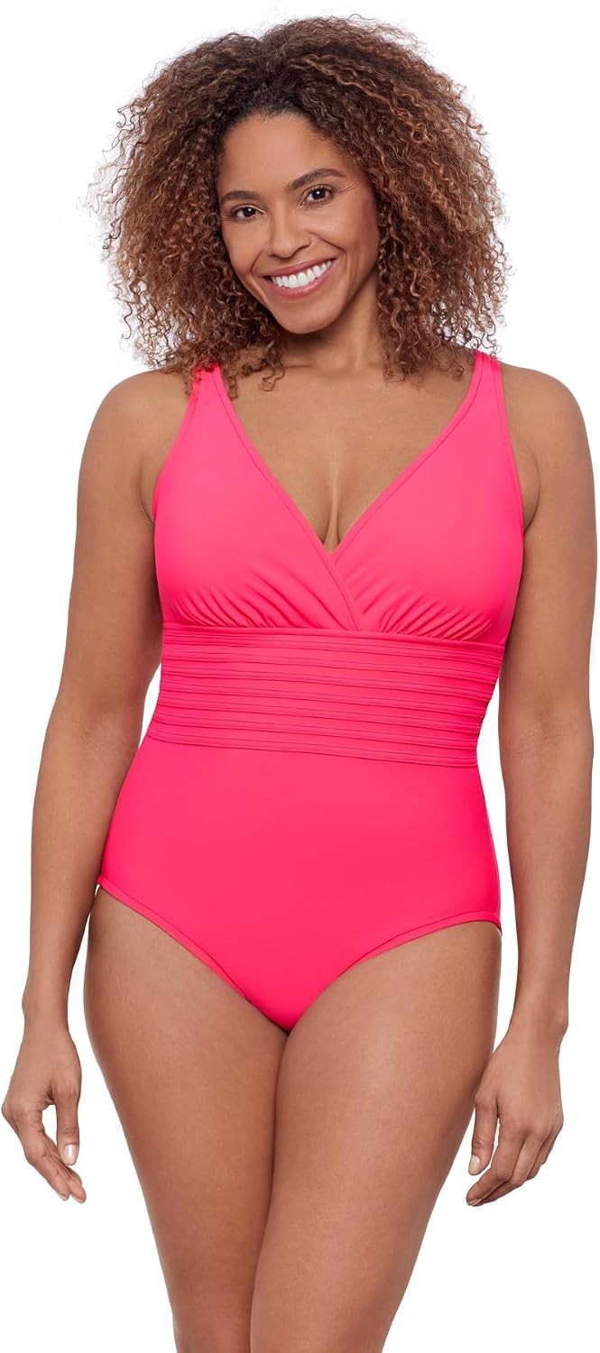 Aqua Green Women’s Full Coverage V-Neck Surplice Trim Overlay One Piece Swimsuit