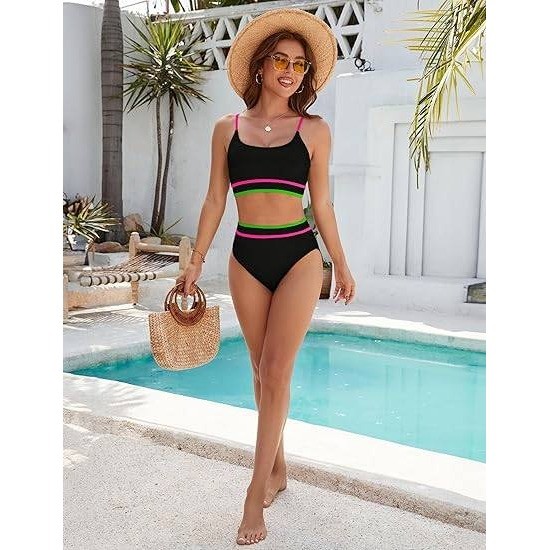MSRP $43 BMJL Women’s Black S High Waisted Bikini Ribbed Two Piece Swimsuit Hi
