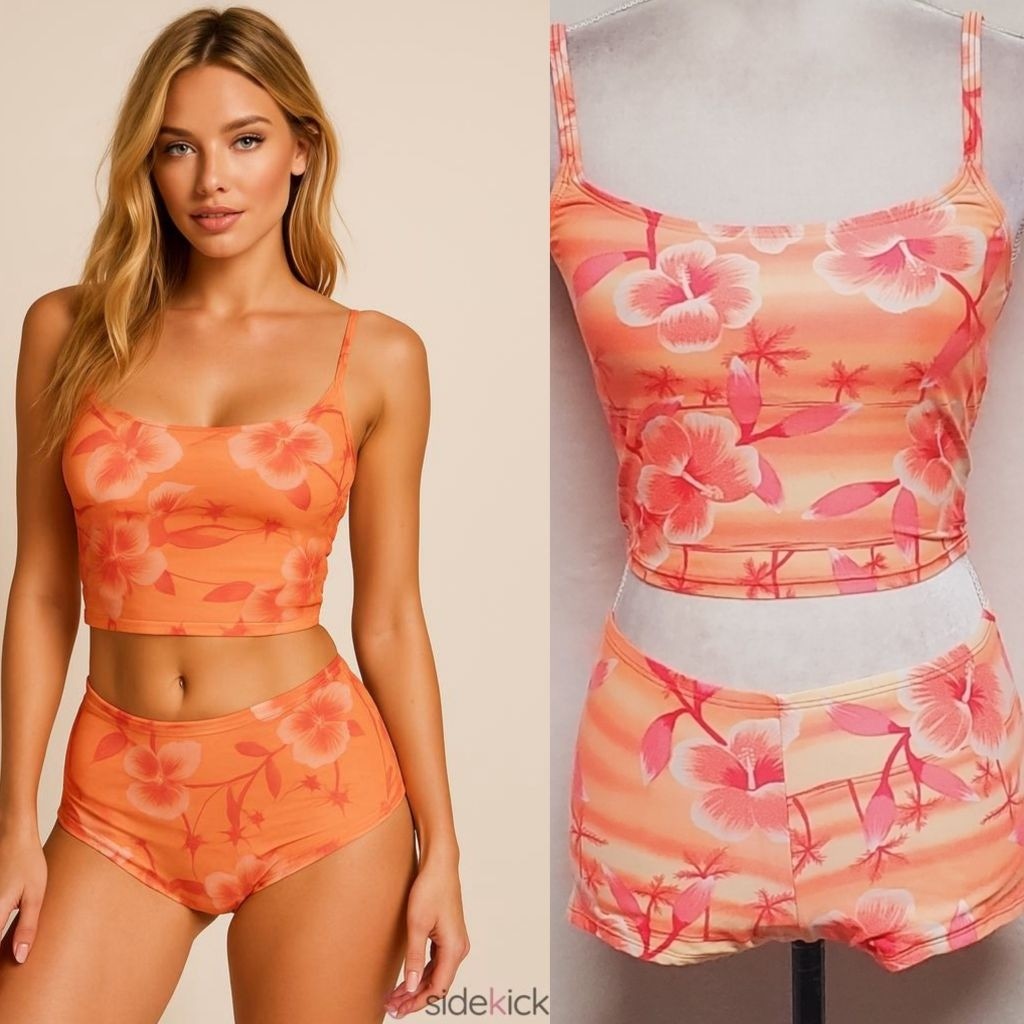 No Boundaries Vintage 90s Neon Orange Pink Tankini Boyshorts Two-Piece Bikini