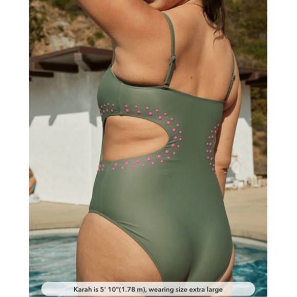 Aerie Real Good Olive Green Cutout One Piece Swimsuit Pink Studs Size M