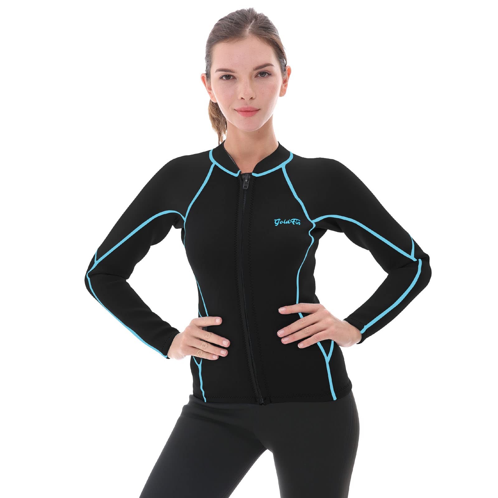 GoldFin Wetsuit Top Women, 2mm Wetsuits Jacket Long Sleeve Medium, Blue/line