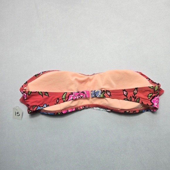 No Boundaries Pink Floral Ruffle Bandeau Swim Sports Bra Bikini Top L Large