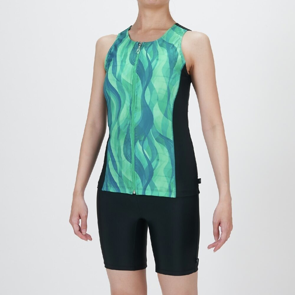 Mizuno Women’s Aqua Fitness Two-Piece Suit Front Zip Tank Top Black/Turquoise