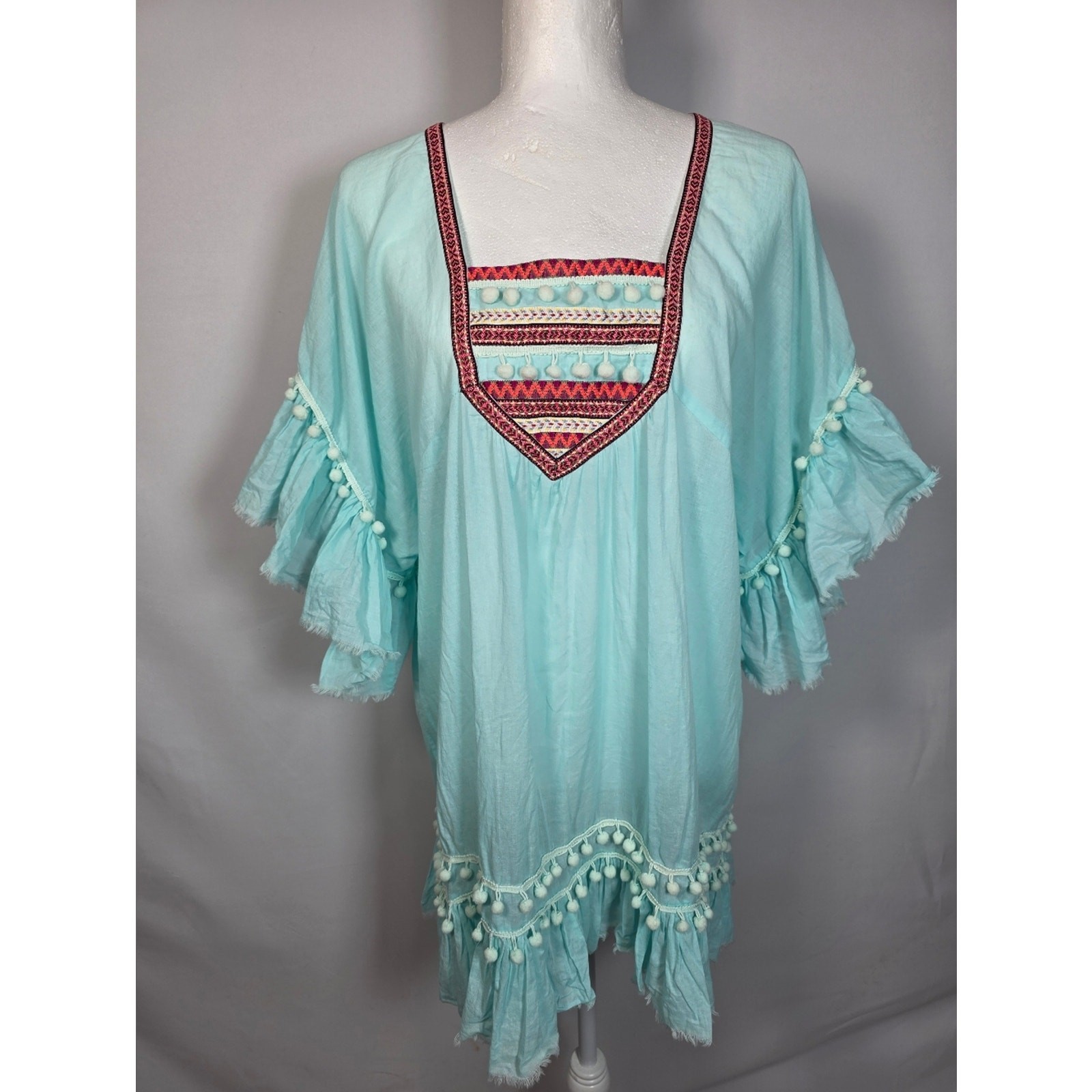Debbie Katz Tunic L Aqua Embroidered Pom Pom Boho Beach Cover Up