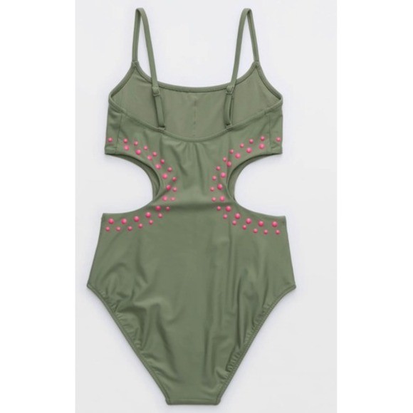 Aerie Real Good Olive Green Cutout One Piece Swimsuit Pink Studs Size M