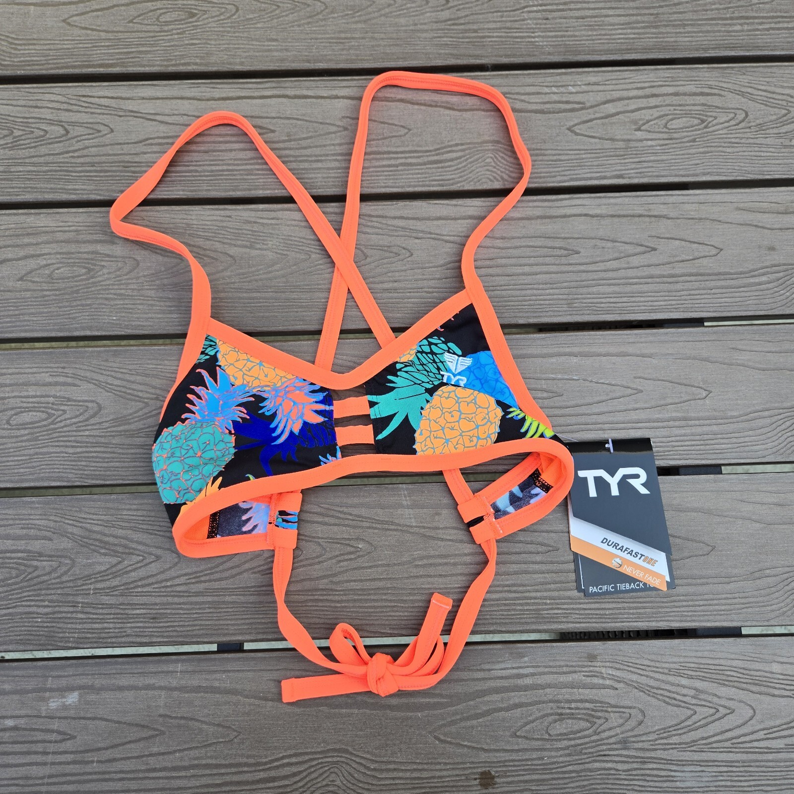 TYR Cross Tieback Bikini Swim Top Women Size Orange Pineapple XS (0/2) New