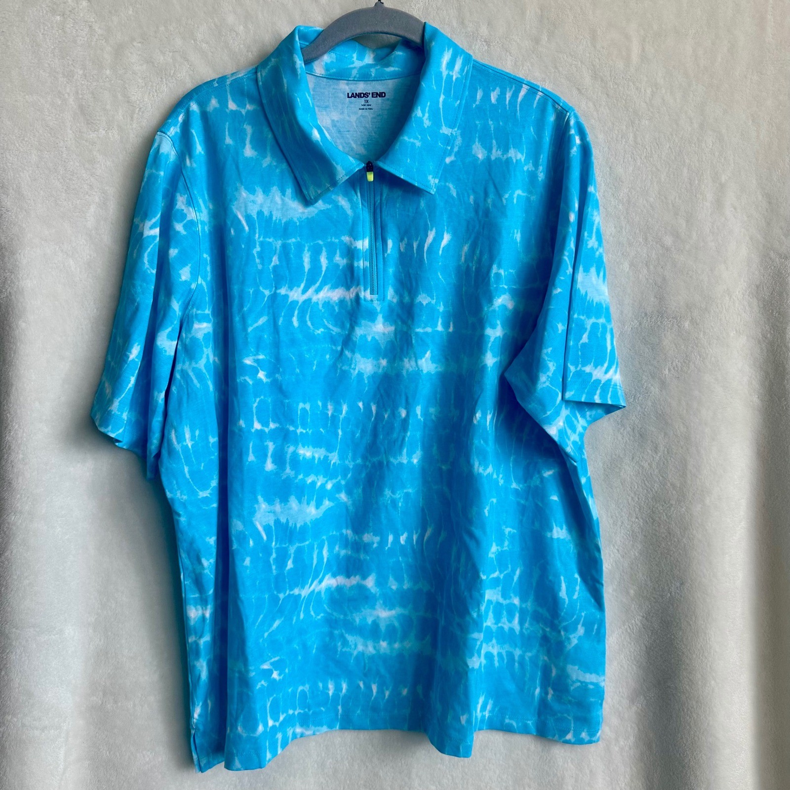 Lands End Aqua Blue Pool Water Print Cotton Modal 1/4 Zip Short Sleeve Top 1X