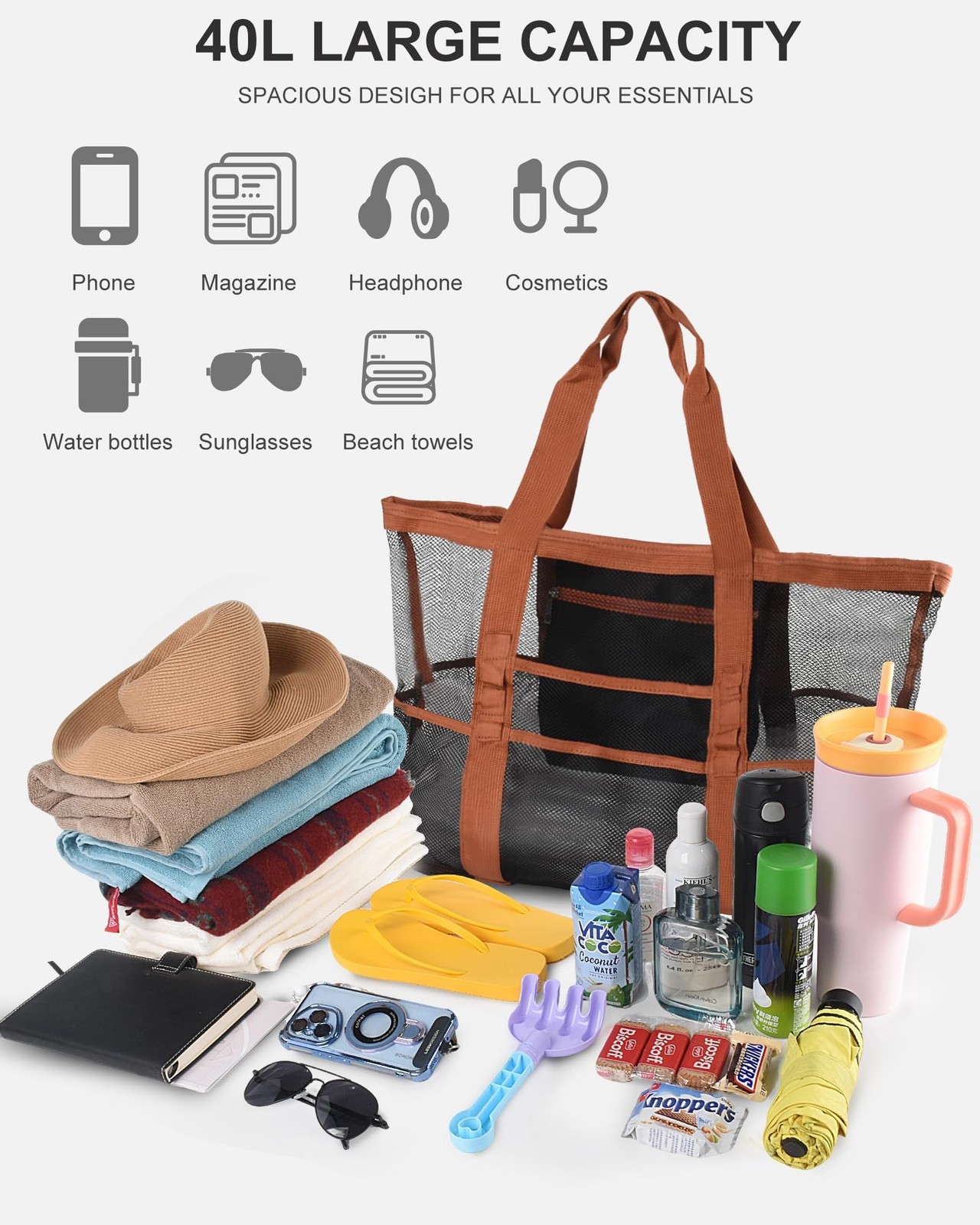 Genteen 40L Mesh Beach Bag, Foldable Sandproof Tote with Waterproof Pocket Qu…
