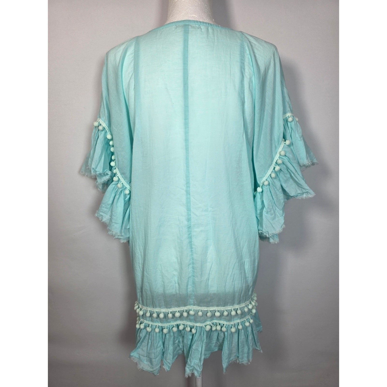 Debbie Katz Tunic L Aqua Embroidered Pom Pom Boho Beach Cover Up
