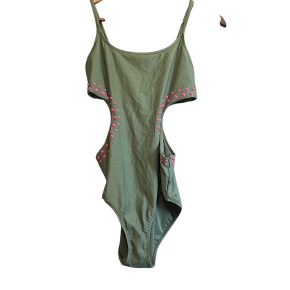 Aerie Real Good Olive Green Cutout One Piece Swimsuit Pink Studs Size M