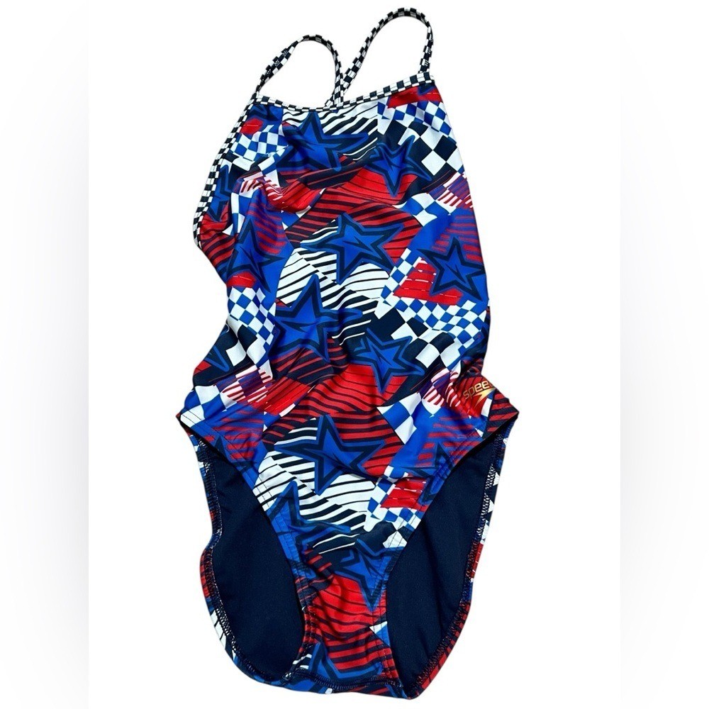 Speedo olympic Overdrive proLT Double X Back blue Red Star Swimsuit size 34 M/L