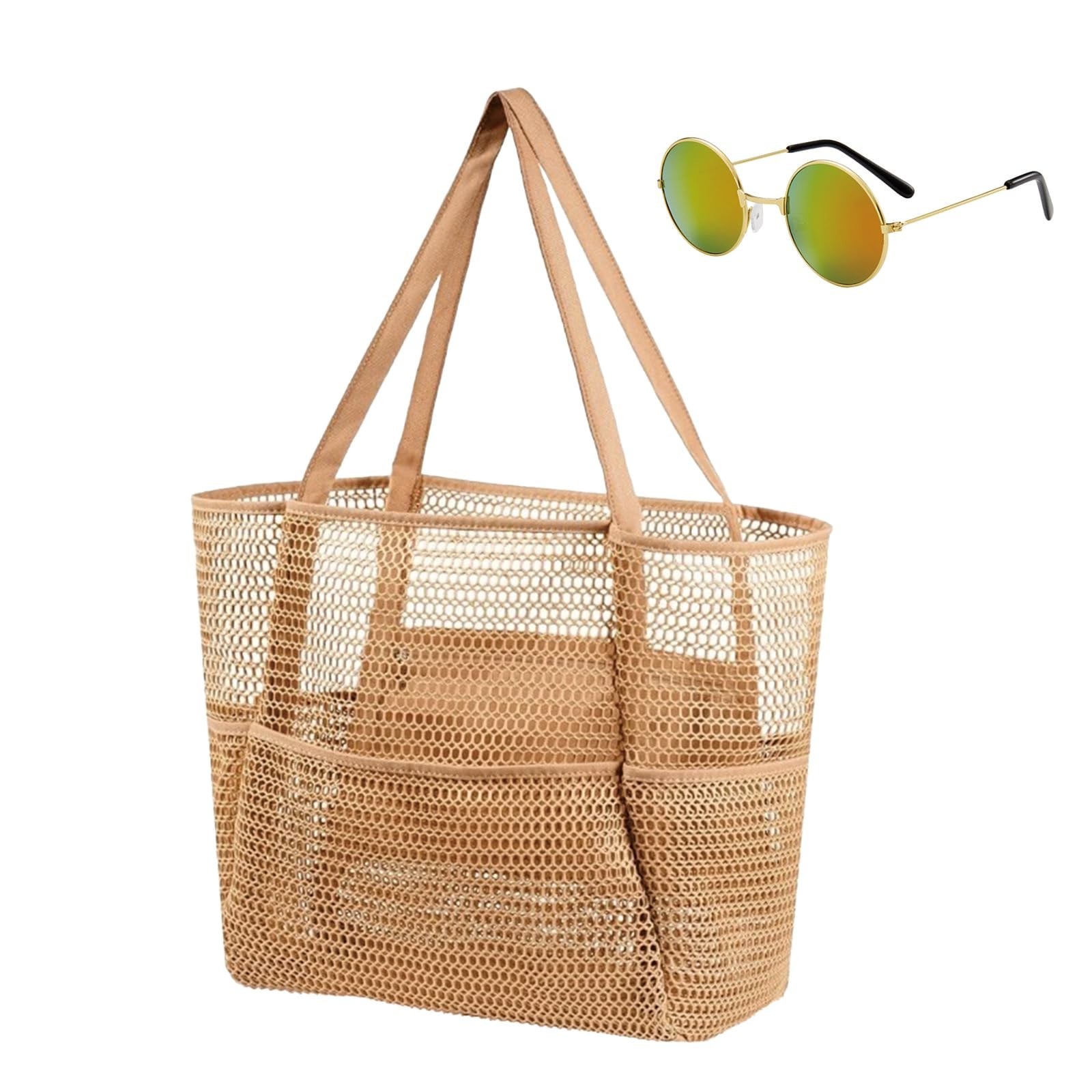 Mesh Beach Tote with Zipper Pockets,with a pair of Sunglasses Large Beige
