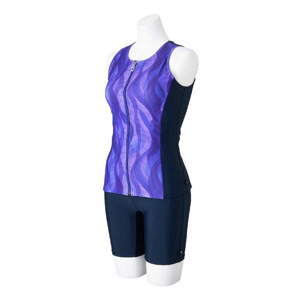 Mizuno Women’s Aqua Fitness Two-Piece Suit Front Zip Tank Top Navy/Violet Fizz