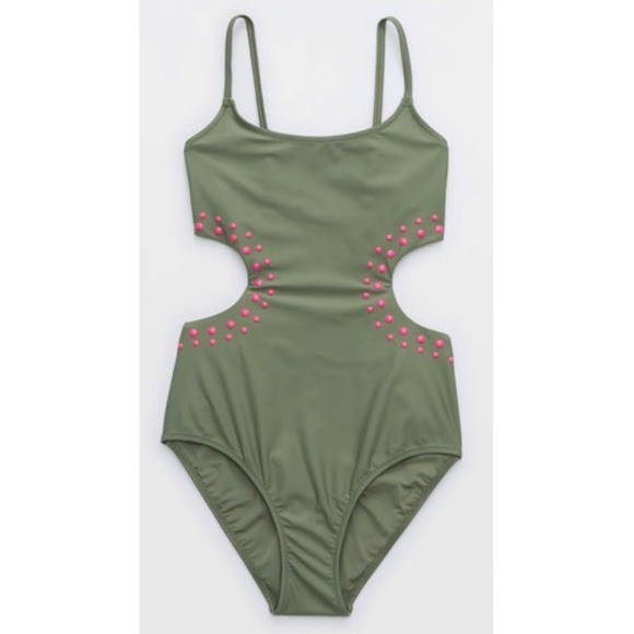 Aerie Real Good Olive Green Cutout One Piece Swimsuit Pink Studs Size M