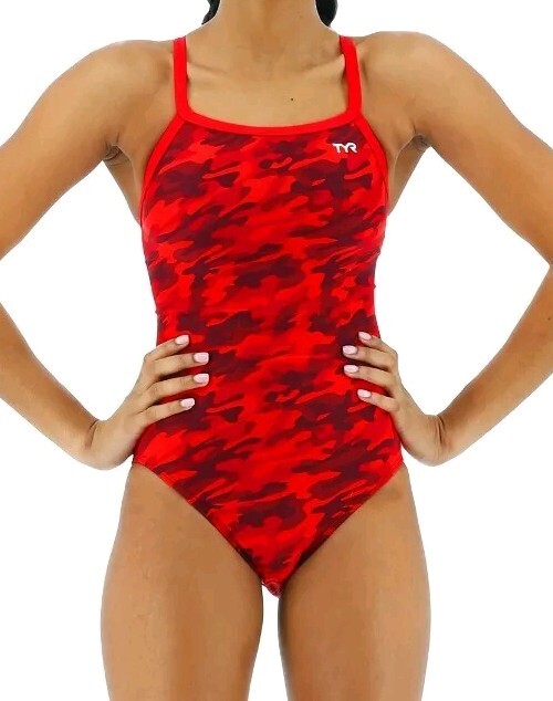 New TYR Durafast Women’s Red Camo Diamondfit Swimsuit – Size 30
