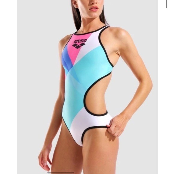 Arena One Placement Tech Back Swimsuit Multi Black Geometric Cutout One Piece 36