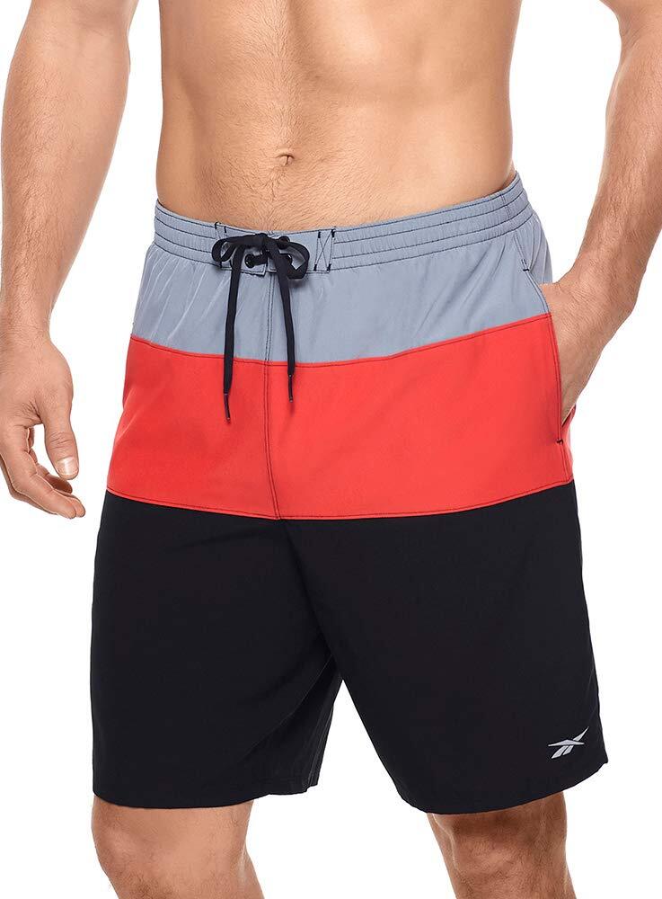 Reebok Men’s UPF 50 Colorblock Volley Elastic Waist Swim Shorts Black Red Small