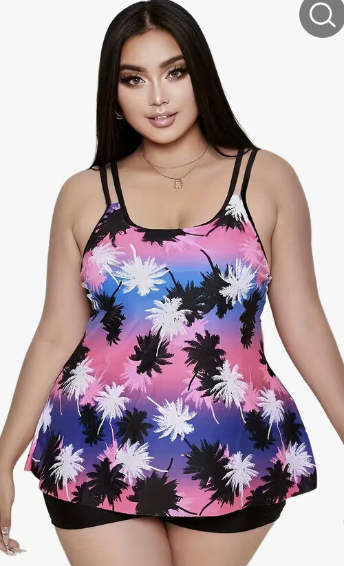 2pc Tankini Women’s 2X Plus Size Palm Trees Pink Blue Purple Bathing Suit