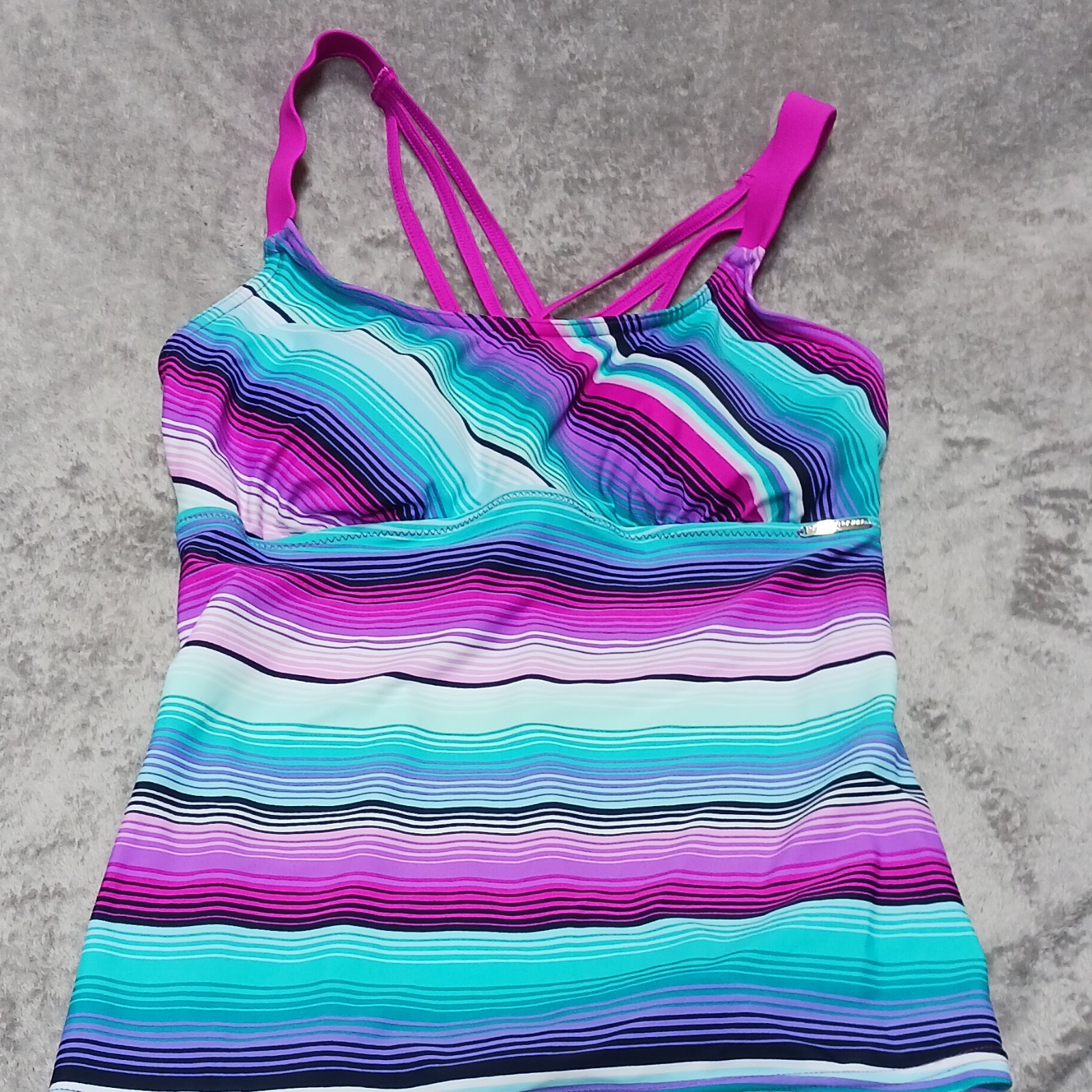 ZeroXposur Women’s Strappy Back Tankini Swim Top L Pink Blue Striped