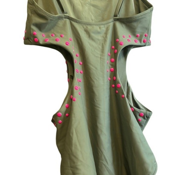 Aerie Real Good Olive Green Cutout One Piece Swimsuit Pink Studs Size M