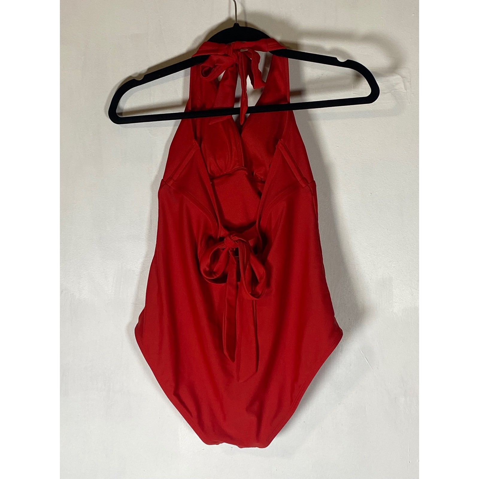 Red Halter One Piece Swimsuit Open Back Tie Neck Tie Back Padded M