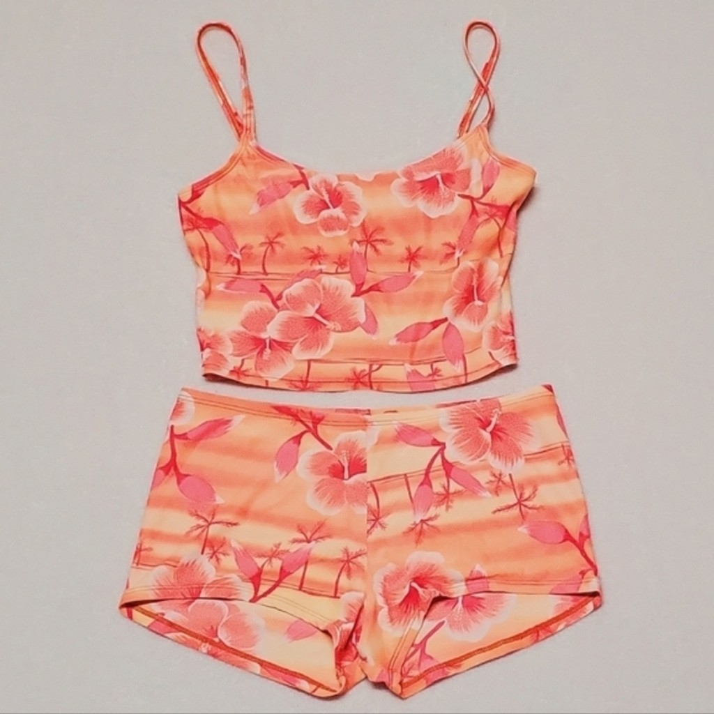 No Boundaries Vintage 90s Neon Orange Pink Tankini Boyshorts Two-Piece Bikini