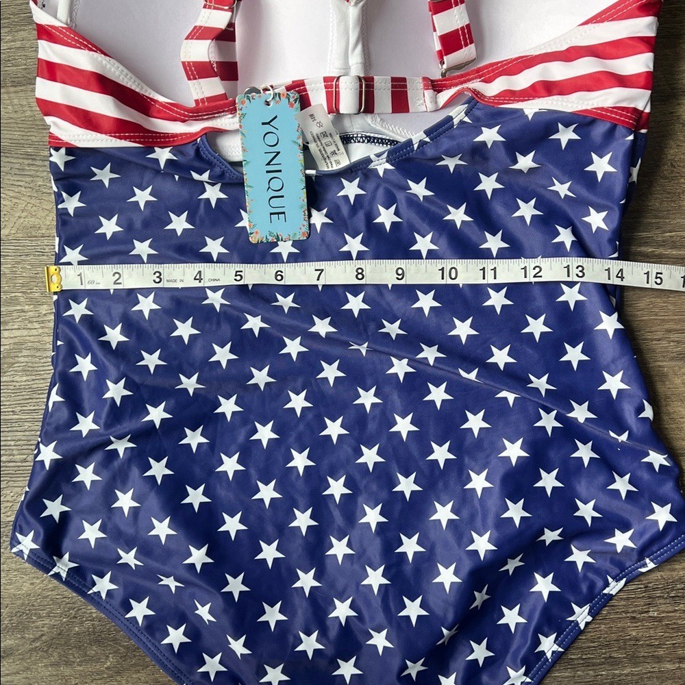 Younique Tummy Control Slimming One Piece Swimsuit Sz 14 National Flag ⚫️